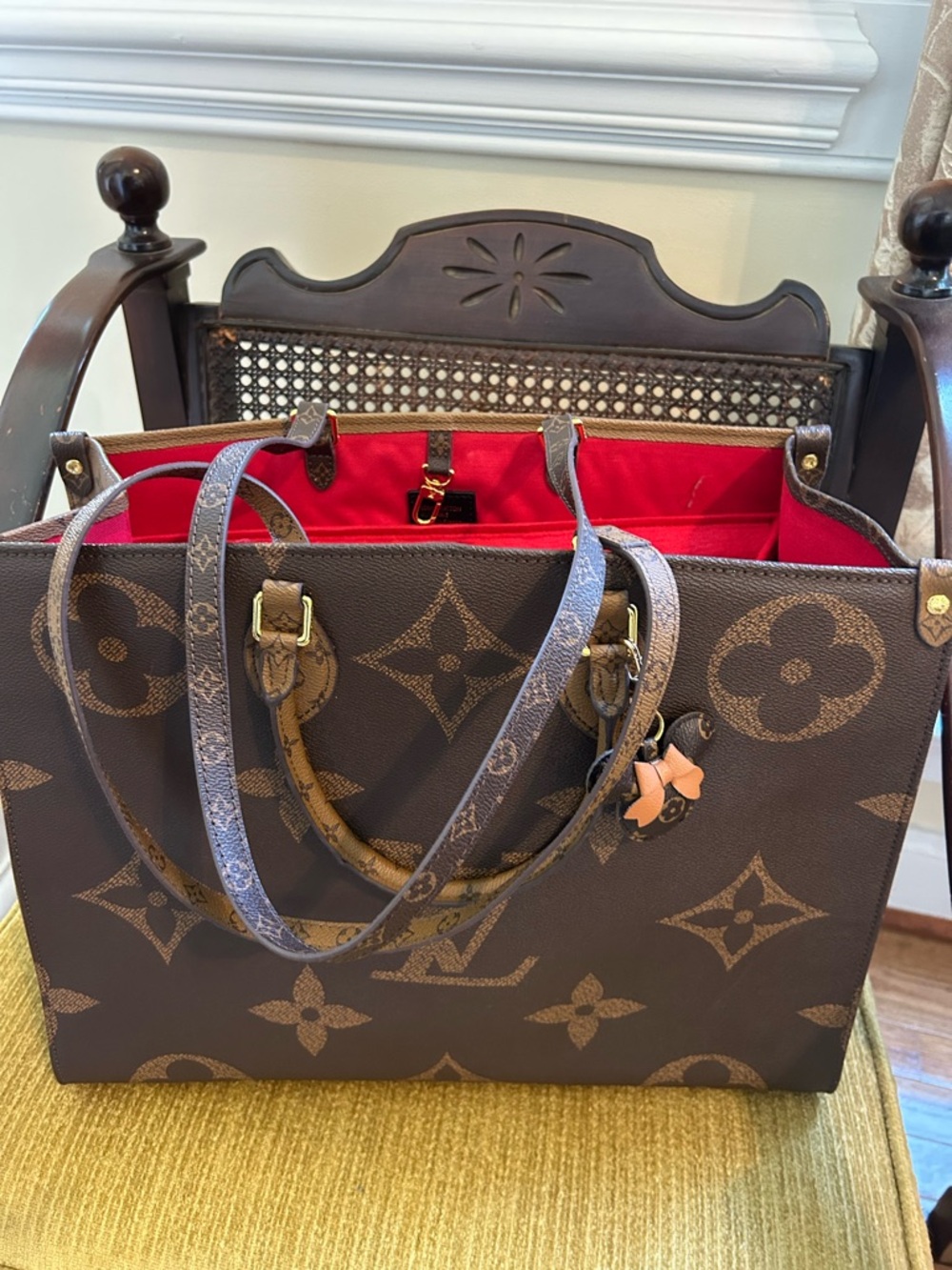 Monogram-Pattern Brown Tote with Red Interior